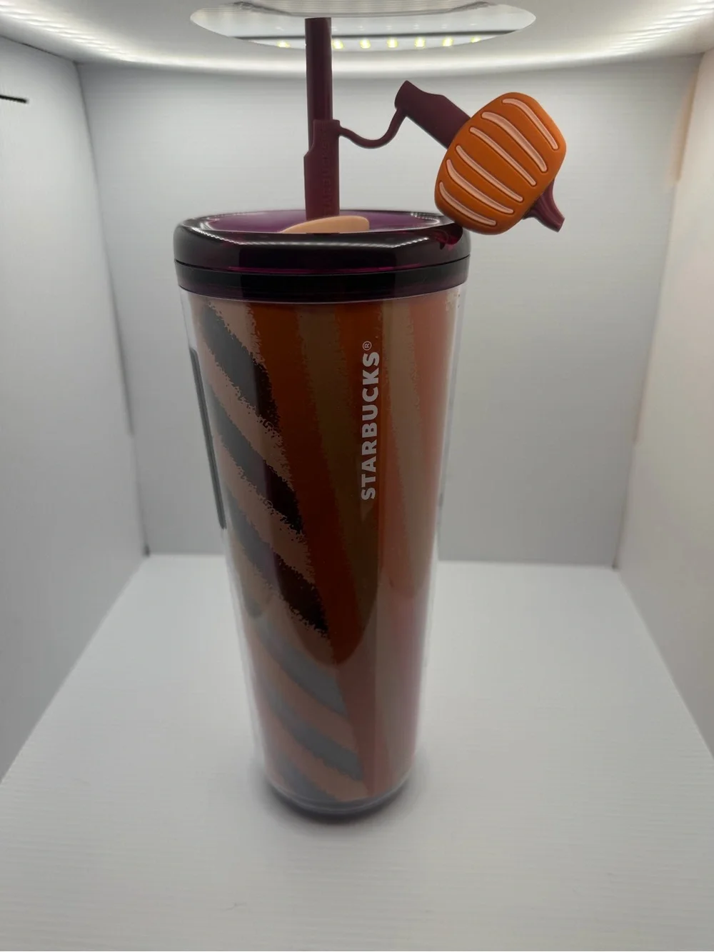 Starbucks Diagonal Striped Tumbler - Brown, Cream & Orange With Pumpkin Topper